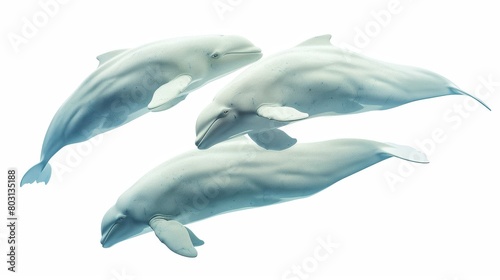 Three white whales swimming together in the ocean