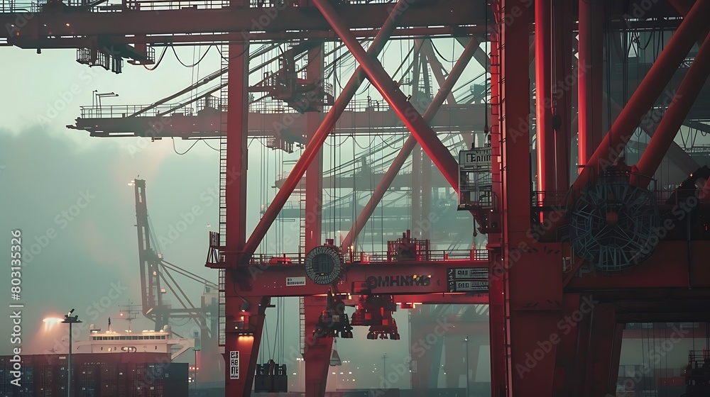 Delve into the vibrant pulse of a high-tech shipping port, where colossal cranes gracefully hoist containers, symbolizing the flow of goods across continents