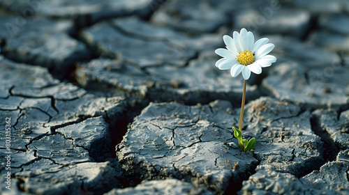 Tiny white flower broke through dry cracked earth © SHOHIDGraphics