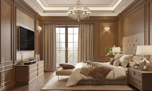 3d rendering  Modern interior design of a bedroom in brown color  with a TV on the wall and a bed. Interior rendering  perspective view  evening lighting