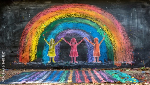 Colorful chalk drawing: four people holding hands under a rainbow, happy, International Children's Day
 photo