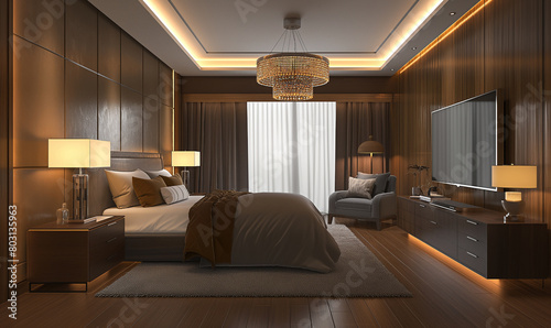 3d rendering  Modern interior design of a bedroom in brown color  with a TV on the wall and a bed. Interior rendering  perspective view  evening lighting