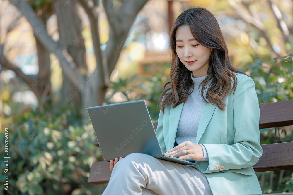 A beautiful Korean woman in her early thirties is sitting on the edge of an outdoor bench, looking at a laptop computer screen A beautiful Korean woman in her early thirties is sitting on the edge of an outdoor bench, looking at a laptop computer screen