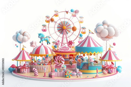 A whimsical summer fair, with 3D characters enjoying carnival rides, cotton candy stands, and a ferris wheel towering in the background