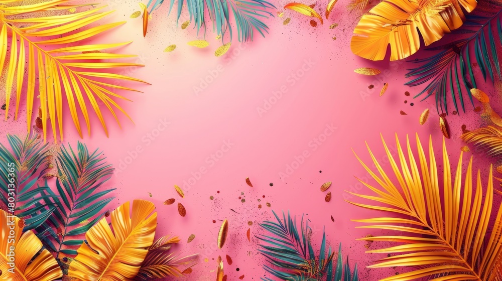 colored tropical palm leaves frame on a pink background, creative summer design for greeting card template, free copy space for text