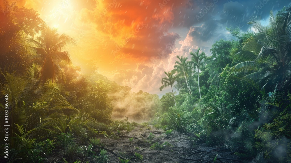 The lush green foliage of the jungle is bathed in the warm sunlight, while the stormy sky above is filled with vibrant oranges and purples. The lush green foliage of the jungle is bathed in the warm sunlight, while the stormy sky above is filled with vibrant oranges and purples.