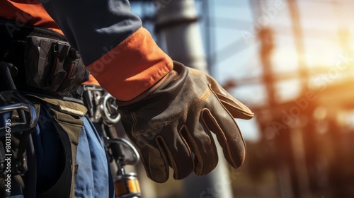 Closeup of heavyduty gloves and knee pads worn by a worker repairing a high voltage power line