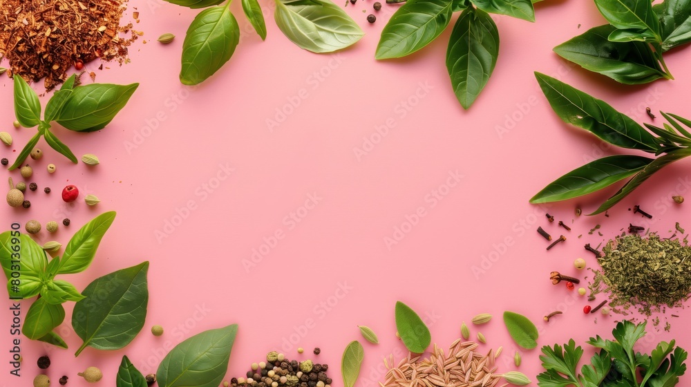 Assorted fresh herbs and spices scattered on a pink background with copious copy space. Assorted fresh herbs and spices scattered on a pink background with copious copy space.
