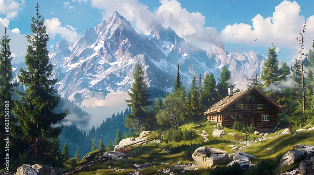 Design a breathtaking mountain landscape, with a secluded cabin nestled among towering pines, its windows reflecting the azure sky and snow-capped peaks
