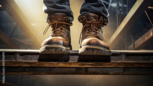 Closeup of steel toe work boots on a metal beam hundreds of feet above the ground, emphasizing safety in heights photo