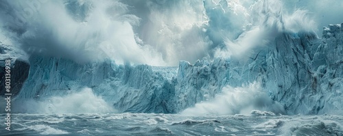 The photo shows the beauty of the arctic landscape with icebergs floating in the sea.