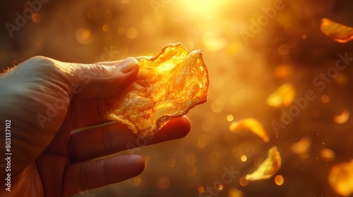 Hand holding a potato chips. Close-up.