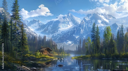 Design a breathtaking mountain landscape  with a secluded cabin nestled among towering pines  its windows reflecting the azure sky and snow-capped peaks