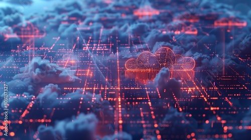 3D rendering of cloud technology with a blue background and glowing data