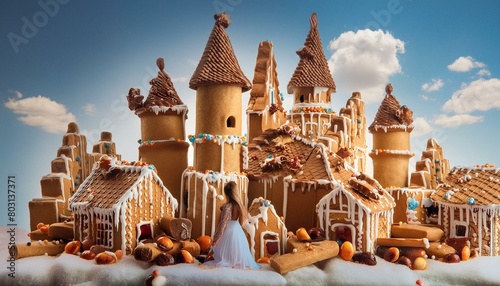 Fantasy city made of cookie and candy; fairytale concept with a woman, gummy bears, roof made of cream, pound made of honey, chocolate bar as walls.