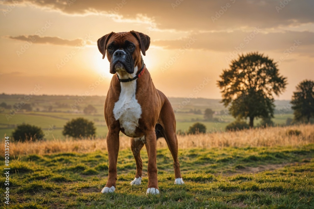full body of Boxer dog on blurred countryside background, copy space full body of Boxer dog on blurred countryside background, copy space