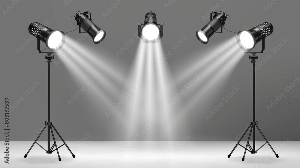 This is a modern realistic set of black spot lights on a gray background on a stand for illumination shows, concerts, or podiums.
