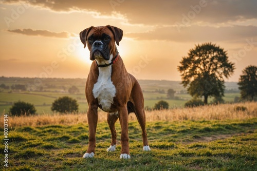 full body of Boxer dog on blurred countryside background, copy space