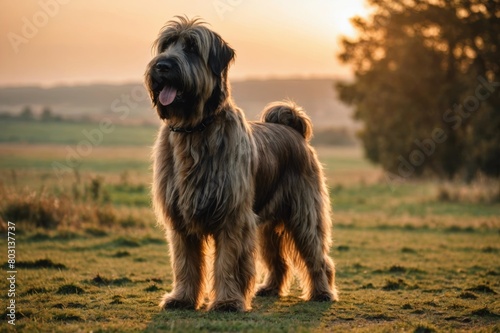full body of Briard dog on blurred countryside background, copy space