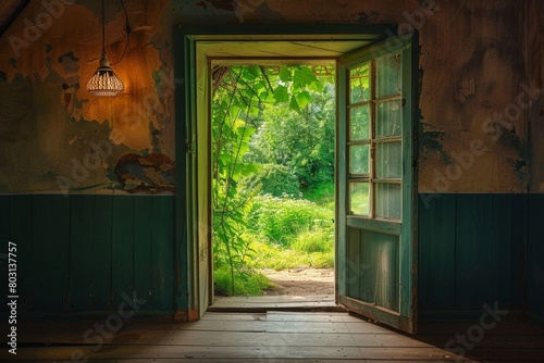 The door opens to greenery.