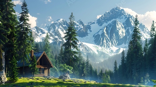 Design a breathtaking mountain landscape, with a secluded cabin nestled among towering pines, its windows reflecting the azure sky and snow-capped peaks