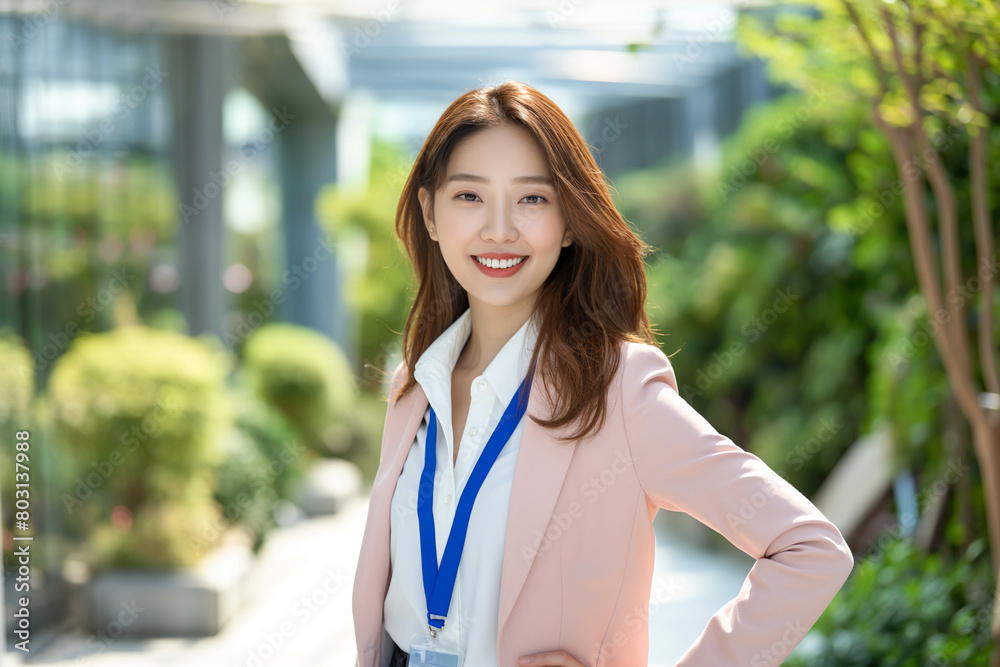 A beautiful Korean woman in her late twenties wearing professional attire is standing on the ground smiling while holding her hands at her waist with an id card hanging around her neck A beautiful Korean woman in her late twenties wearing professional attire is standing on the ground smiling while holding her hands at her waist with an id card hanging around her neck