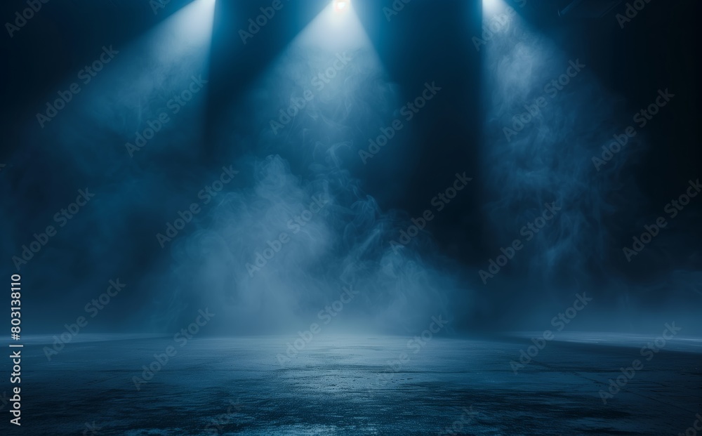 Dark background, spotlights shining down from the top of an empty stage, foggy atmosphere, dark blue tones, smoke in front of lights
