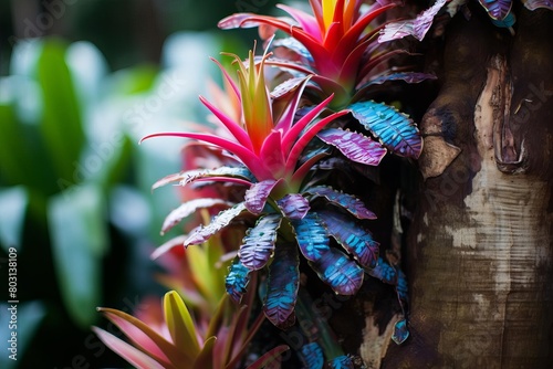 Detailed shot of the colorful Bromeliad plant thriving on a tree trunk, showcasing symbiotic plant relationships photo