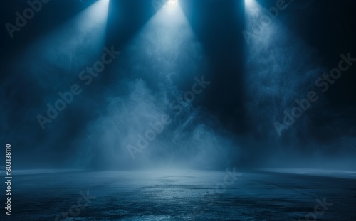 Dark background, spotlights shining down from the top of an empty stage, foggy atmosphere, dark blue tones, smoke in front of lights