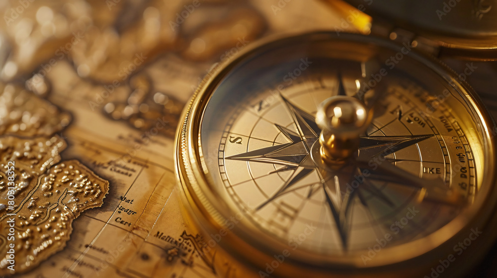 Golden compass on world map closeup