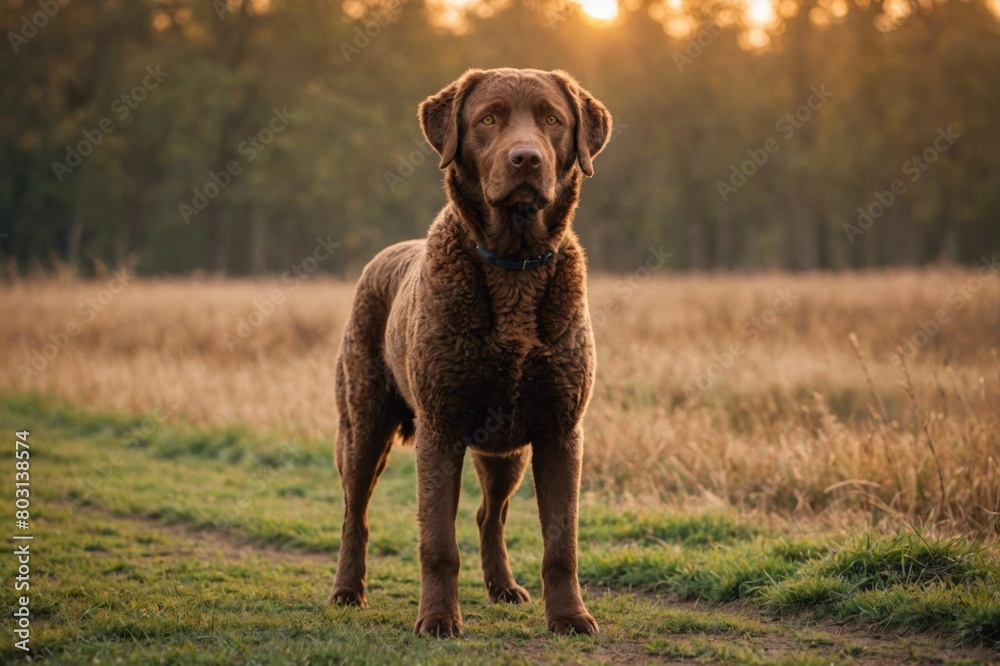 full body of Chesapeake Bay Retriever dog on blurred countryside background, copy space