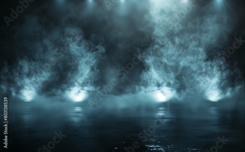 Spotlight illuminated stage with smoke and fog, Abstract dark background, stage lighting for concert or show. Empty stage of nightclub interior