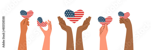 Set of hands holding american flag in the shape of heart. Memorial day and Independence day concept. Vector flat illustration.