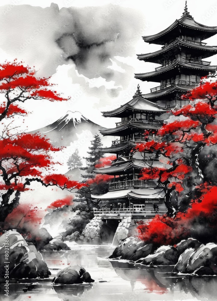 Serene Waterfront Pagoda Scene with Red Leaves