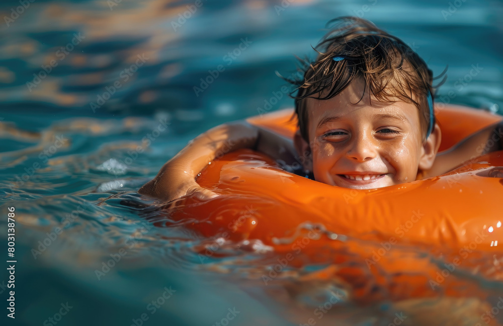 a happy little boy swimming on an inflatable in the sea