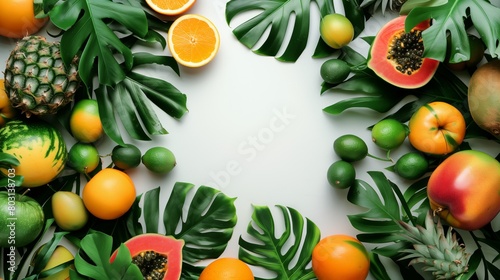 Vibrant tropical fruits and green leaves arranged around a central white copy space.