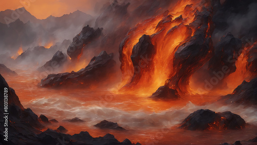 Scenes of liquid magma in warm hues of amber ambiance, bubbling and seething against a plain background with subtle lighting, enveloping the viewer in a comforting embrace ULTRA HD 8K photo