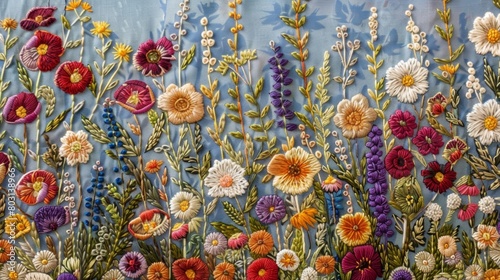 A vibrant and detailed embroidery piece depicting a field of wildflowers in full bloom with every petal and stem carefully stitched creating a threedimensional effect..