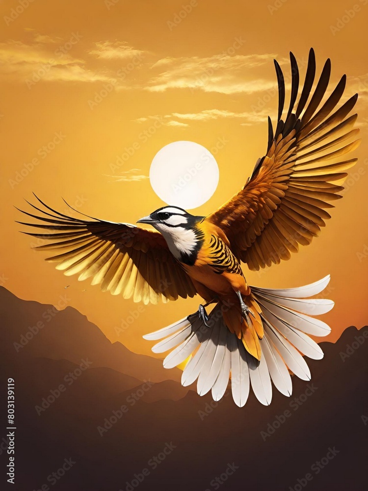 Obraz premium Flying bird in the sunlit sky.