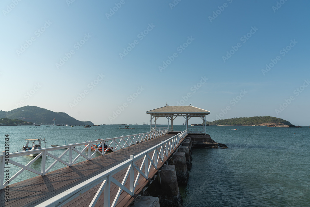 Long white bridge as call name Asdang bridge as landmark at Koh Si Chang for view point for traveler at Thailand Long white bridge as call name Asdang bridge as landmark at Koh Si Chang for view point for traveler at Thailand