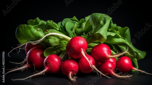 Macro photography of a bunch of radishes, showcasing their vibrant red color and smooth surface on a dark backdrop