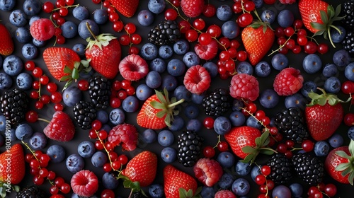 A vibrant assortment of fresh berries including strawberries  blueberries  raspberries  and blackberries.