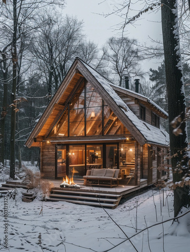 Exterior view of timber cabin made from oak wood, with pitched roof, hidden in the forest with refined architectural design. © Aisyaqilumar
