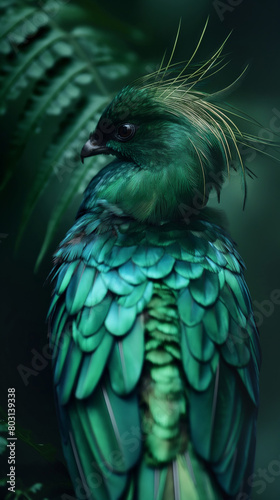 Quetzal. Accipitridae bird perched on a branch  with long tail and green feathers. Generative AI