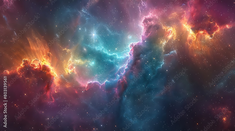 Obraz premium A vivid and colorful depiction of a Stellar Nursery, showcasing clouds of gas in hues of pink, blue, and green, with emerging stars sparkling brightly.