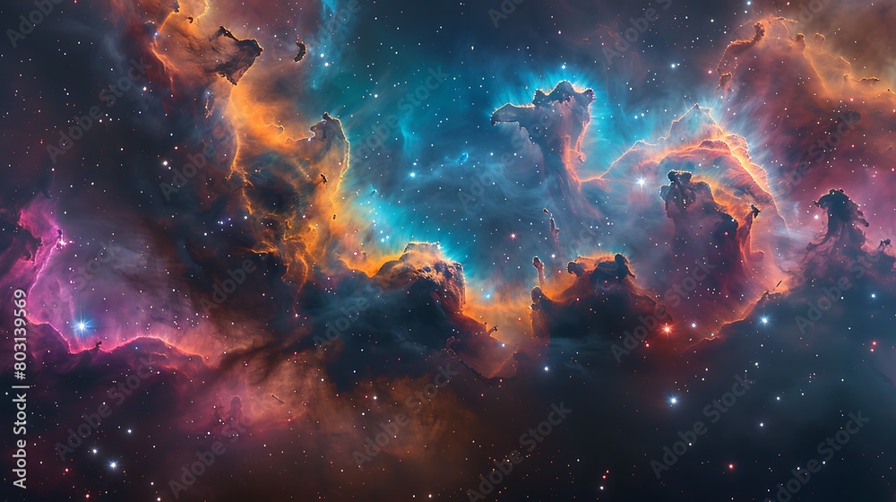 Fototapeta premium A vivid and colorful depiction of a Stellar Nursery, showcasing clouds of gas in hues of pink, blue, and green, with emerging stars sparkling brightly.