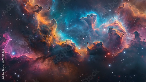 A vivid and colorful depiction of a Stellar Nursery  showcasing clouds of gas in hues of pink  blue  and green  with emerging stars sparkling brightly.