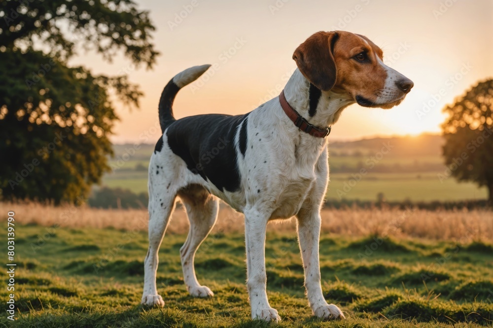 full body of English Foxhound dog on blurred countryside background, copy space