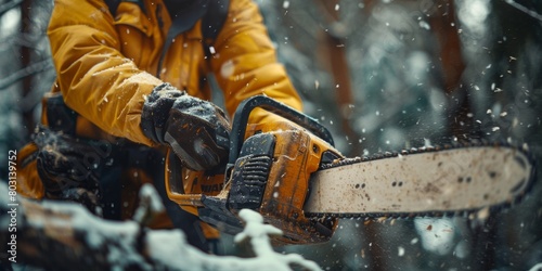 An urban forestry worker in yellow clothes cuts down a tree photo