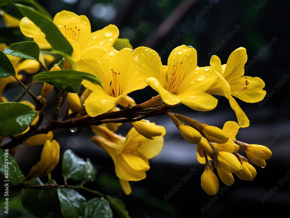 Fototapeta premium A closeup of a young Tabebuia tree, known for its bright yellow flowers, just beginning to bloom in the rainforest